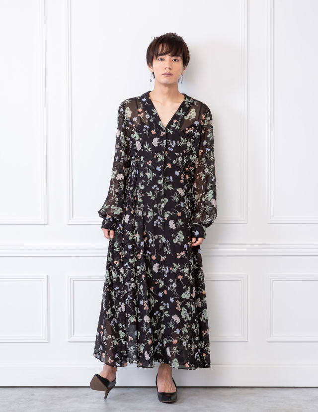 花柄シャツワンピース/ブラック　sale! 50%off